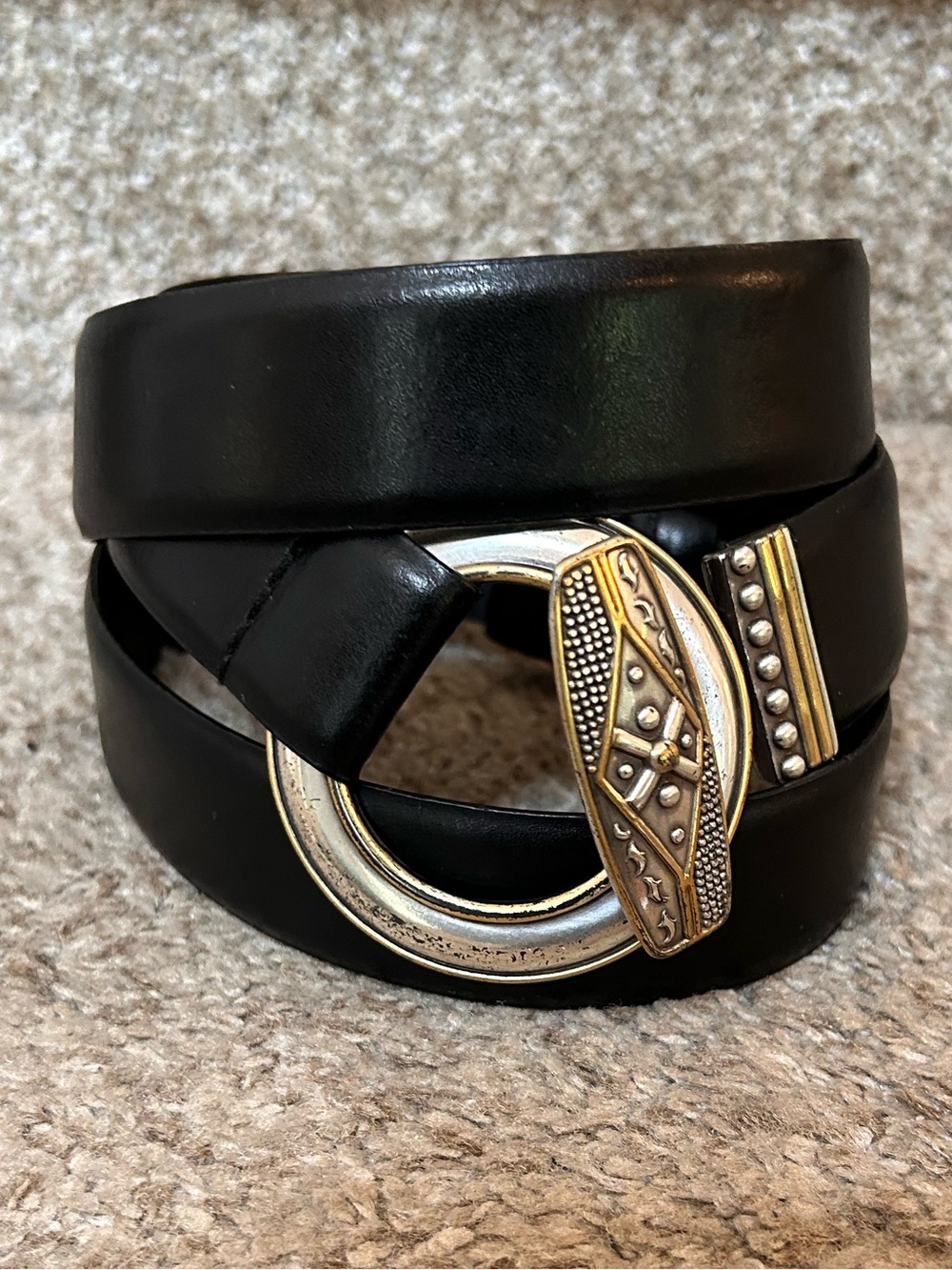 Chico’s Gold and Silver Decorative Black Leather Belt. Size SM. Two tone.